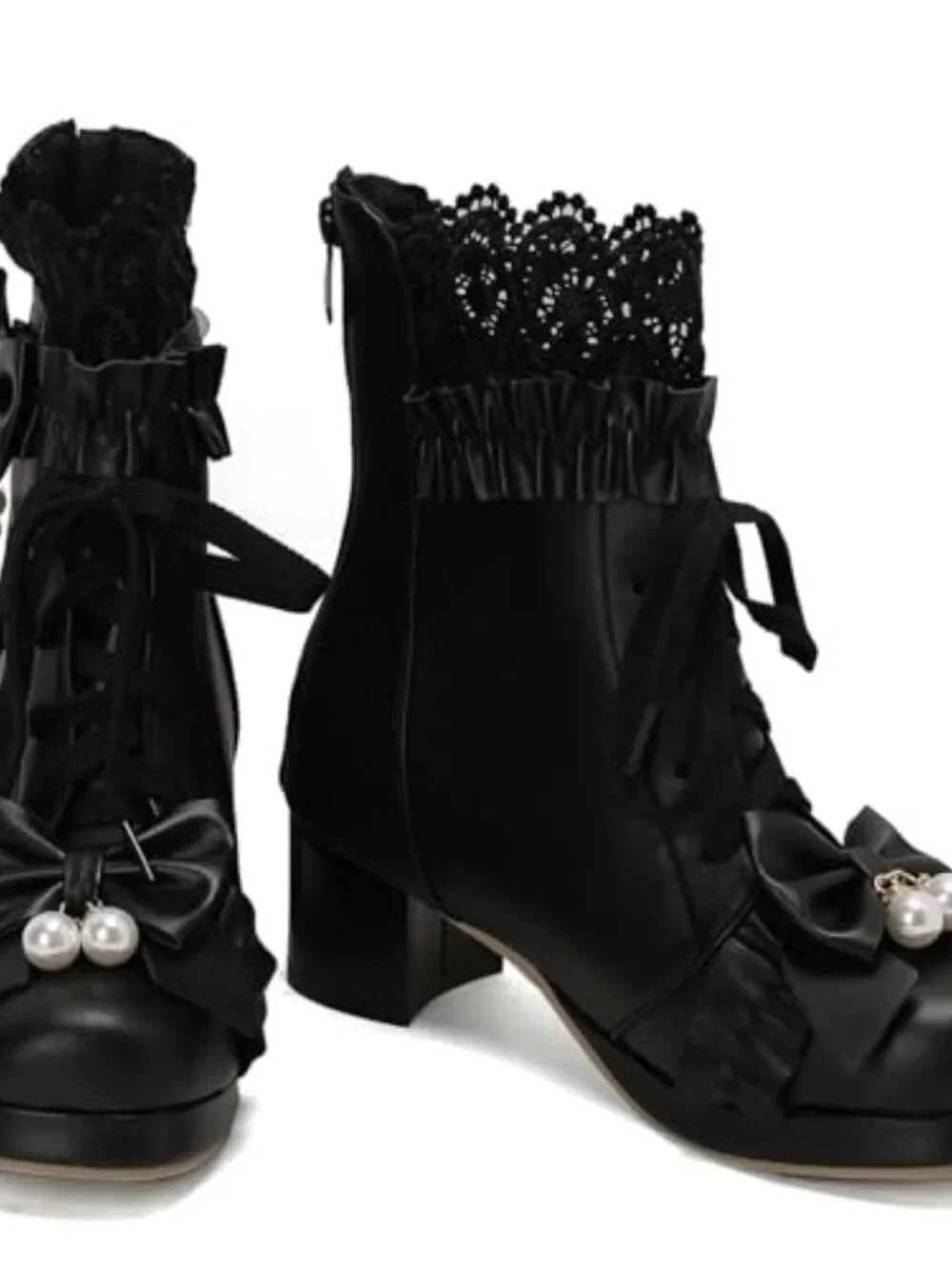 Chunky Mid Heel Ankle Boots Bow Platform Lace Up Booties with Pearl